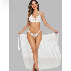 Fancyra Elegant Lace Halter Neck Babydoll Lingerie Set with Cover Up Skirt for Women