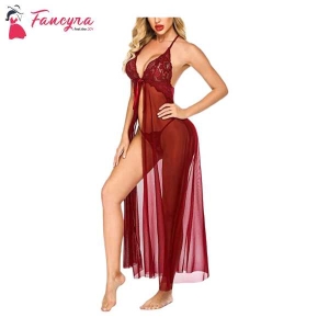 Fancyra Elegant Lace Lingerie Set with High Split Maxi Dress and G String Panty