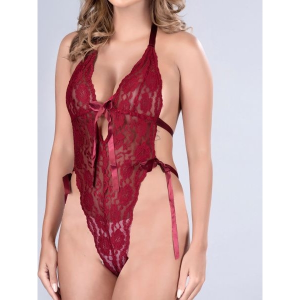 Fancyra Elegant Lace One-Piece Lingerie in Maroon, Free Size, New for Women - Image 4