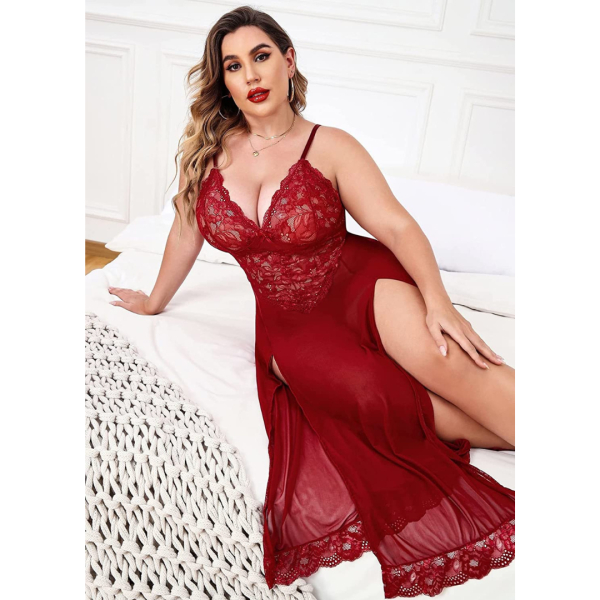 Fancyra Elegant Lace Red Maxi Nightdress with High Slit for Women, Plus Size Bridal Sleepwear - Image 3