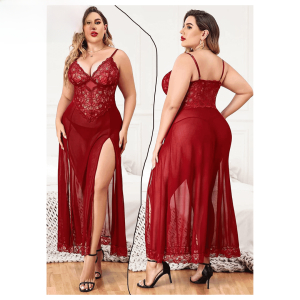 Fancyra Elegant Lace Red Maxi Nightdress with High Slit for Women