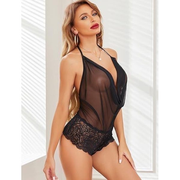 Fancyra Elegant Lace Trim Nightwear Lingerie One Piece Sleepwear Free Size Black - Image 3