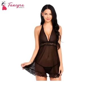 Fancyra Elegant Lace-Trimmed Mesh Nightdress with G-String Panty - Free Size Black