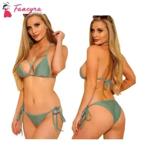 Fancyra Elegant Lace-Up Babydoll Bra & Panty Set in Green