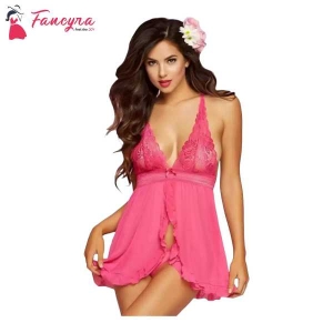 Fancyra Elegant New Pink Lace Babydoll Nightwear with Matching Panty Set Free Size