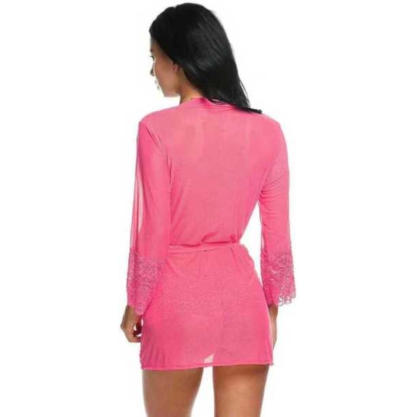 Fancyra Elegant Pink Soft Net Nightwear Set with Lace Trim Robe and Panty Free Size - Image 4