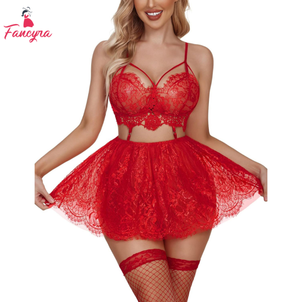 Fancyra Elegant Red Lace Babydoll Chemise with Thong Set - Intimate Nightwear for Women - Image 2