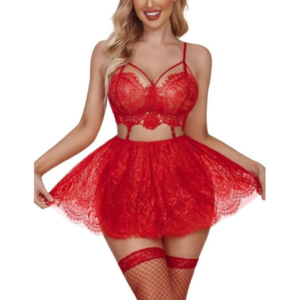 Fancyra Elegant Red Lace Babydoll Chemise with Thong Set - Intimate Nightwear for Women - Image 4