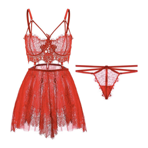 Fancyra Elegant Red Lace Babydoll Chemise with Thong Set - Intimate Nightwear for Women