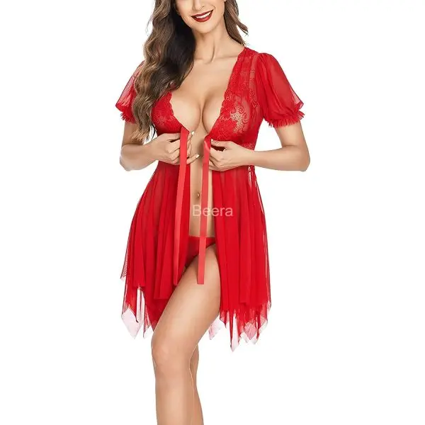 Fancyra Elegant Red Lace Babydoll Lingerie Set with G-String Night Gown - Free Size, Romantic Sleepwear - Image 4