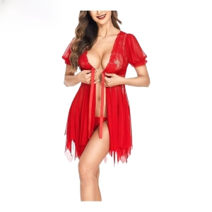 Fancyra Elegant Red Lace Babydoll Lingerie Set with G-String Night Gown - Free Size