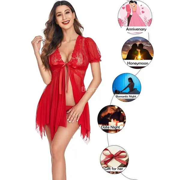 Fancyra Elegant Red Lace Babydoll Lingerie Set with G-String Night Gown - Free Size, Romantic Sleepwear - Image 5