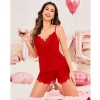 Fancyra Elegant Red Lace Babydoll Pajama Set with Skin-Friendly Fabric and Elastic Waist
