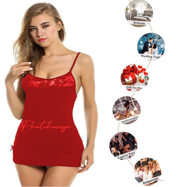 Fancyra Elegant Red Lace-Trimmed Babydoll Sleepwear with G String Panty - Free Size Intimate Lounge Set - Image 2