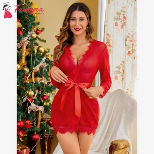 Fancyra Elegant Red Lace-Trimmed Robe Gown with Long Sleeves - Women Nightwear