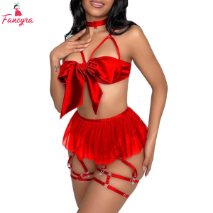 Fancyra Elegant Satin Babydoll Thong Set with Garter Belts and Choker