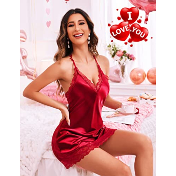 Fancyra Elegant Satin Lace Chemise Lingerie with Lace Trim - Sleepwear Nightgown - Image 3
