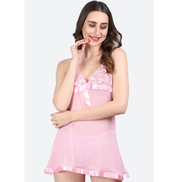Fancyra Elegant Satin Lace Trim Babydoll Nightdress in Pink, New Comfort Fit Lounge Sleepwear - Image 3
