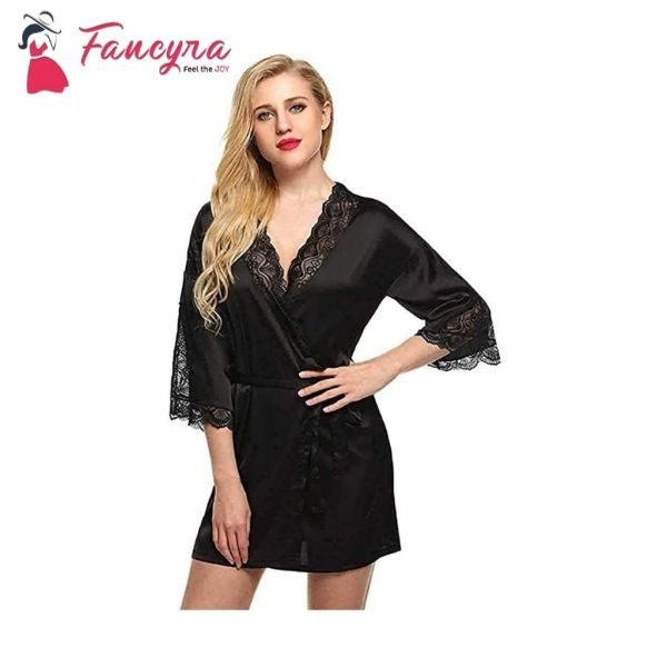 Fancyra Elegant Satin Lace-Trimmed Robe in Black for Women - Intimate Loungewear - Image 2