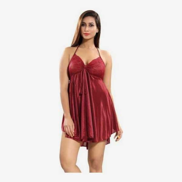Fancyra Elegant Satin Nightdress Maroon Free Size with Adjustable Straps for Women - Image 2