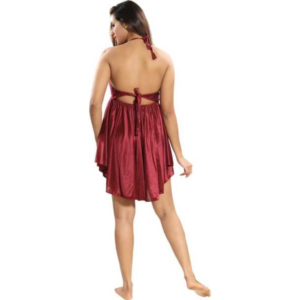 Fancyra Elegant Satin Nightdress Maroon Free Size with Adjustable Straps for Women - Image 3