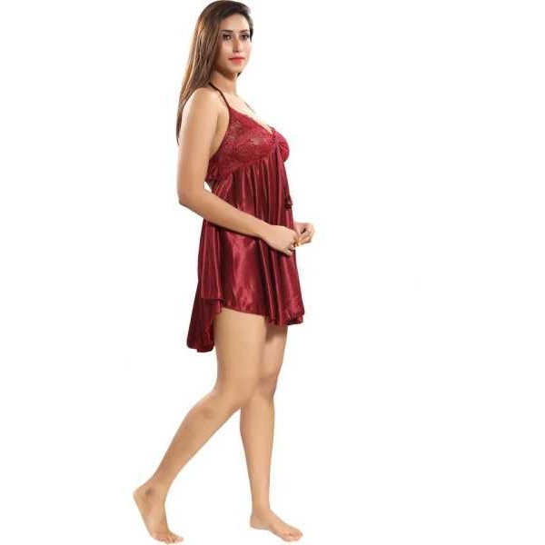 Fancyra Elegant Satin Nightdress Maroon Free Size with Adjustable Straps for Women - Image 4