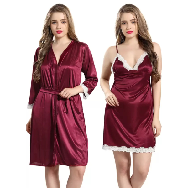 Fancyra Elegant Satin Nightgown and Lace Trim Robe Set for Women - Free Size - Maroon - Image 2