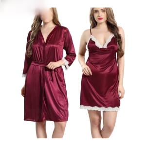 Fancyra Elegant Satin Nightgown with Lace Trim and Robe Set
