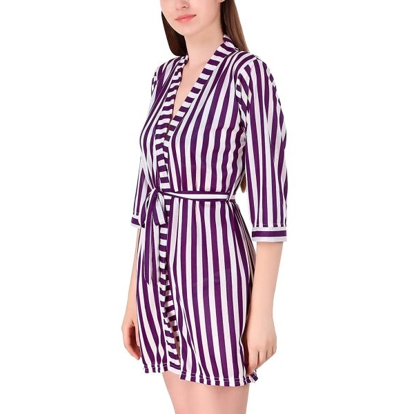 Fancyra Elegant Satin Striped Robe and Bra Panty Set for Women - Free Size Nightwear Lingerie in Purple and White - Image 4