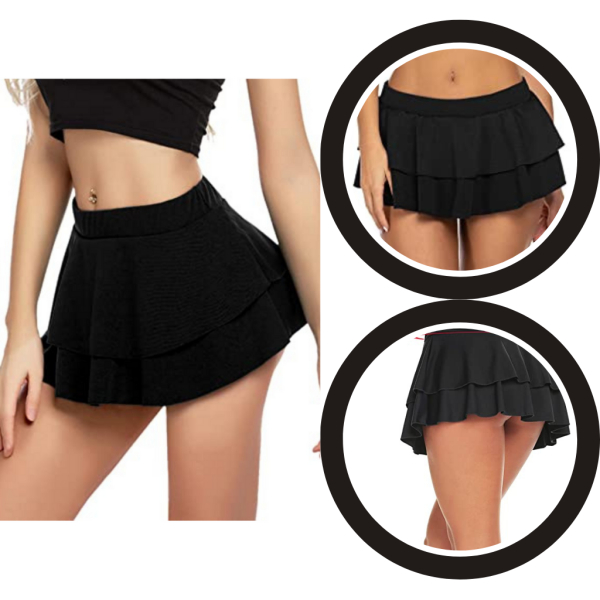 Fancyra Elegant Women Pleated Mini Skirt with Ruffle Detail and Adjustable Elastic Waistband in Black - Image 2