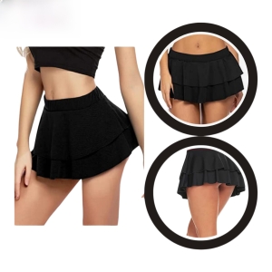 Fancyra Elegant Women Pleated Mini Skirt with Ruffle Detail and Adjustable Elastic Waistband in Black