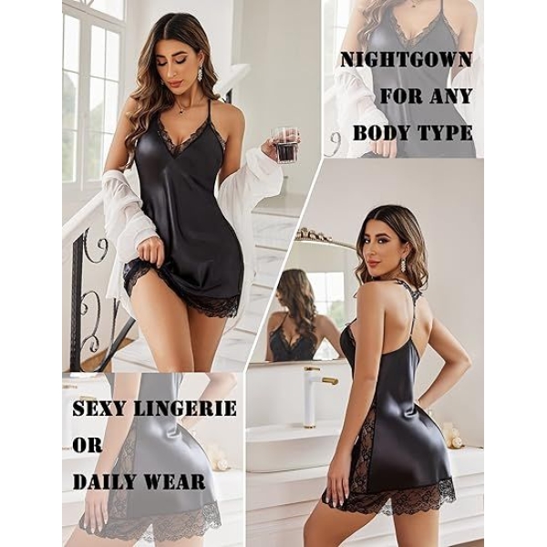 Fancyra Full Slips Satin Lace Chemise Nightgown Lingerie For Women - Image 2