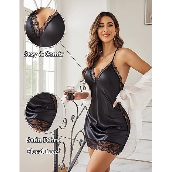 Fancyra Full Slips Satin Lace Chemise Nightgown Lingerie For Women - Image 3