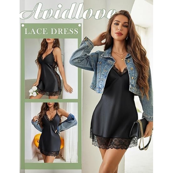 Fancyra Full Slips Satin Lace Chemise Nightgown Lingerie For Women - Image 4