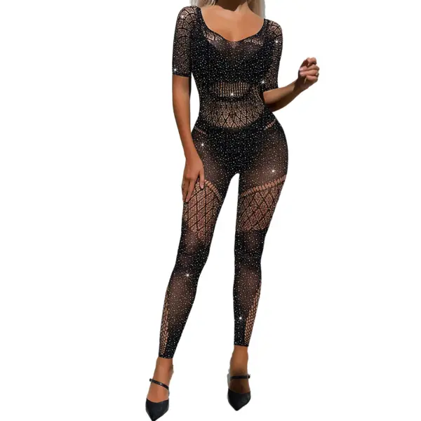 Fancyra Glamorous Black Sparkling Rhinestone Fishnet Bodysuit Short Sleeve Open-Back Lingerie for Women - Image 2