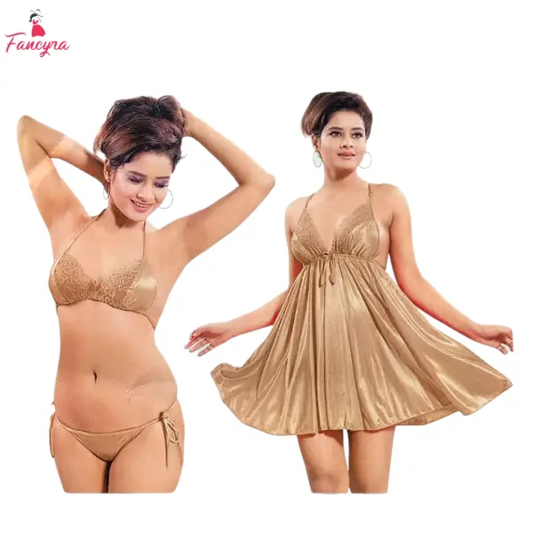 Fancyra Gold Satin Women Lingerie Set - Two-Piece Bikini and Babydoll - Image 5