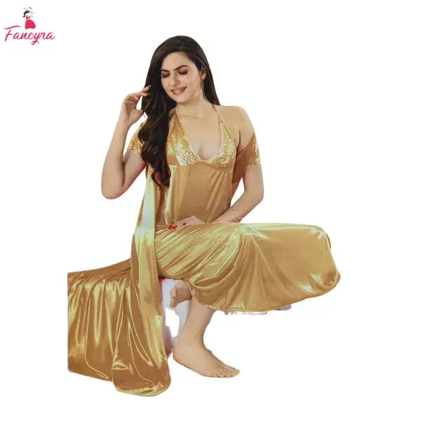Fancyra Golden Satin Women Nightwear Set - Inner Gown and Robe - Image 2
