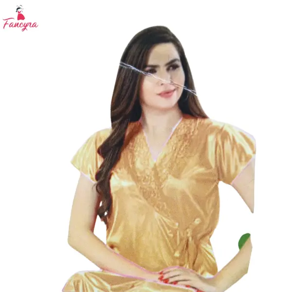 Fancyra Golden Satin Women Nightwear Set - Inner Gown and Robe - Image 3