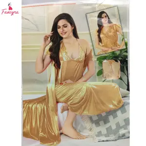 Fancyra Golden Satin Women Nightwear Set - Inner Gown and Robe
