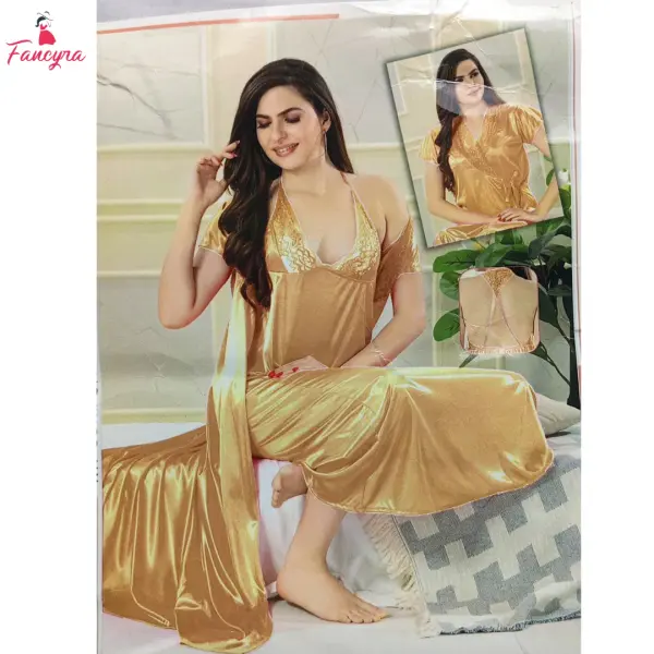 Fancyra Golden Satin Women Nightwear Set - Inner Gown and Robe