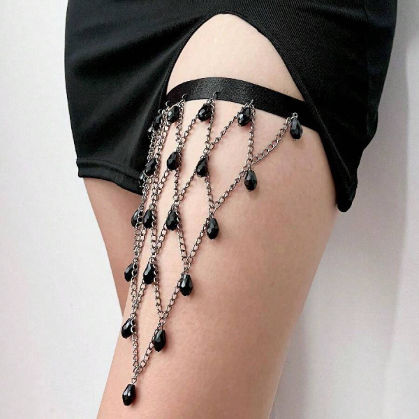 Fancyra Gothic Thigh Chain Harness for Women Adjustable Black Beaded Body Jewelry Leg Garter for Dresses, Skirts & Festival Wear - Image 3