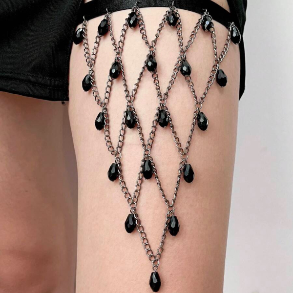 Fancyra Gothic Thigh Chain Harness for Women Adjustable Black Beaded Body Jewelry Leg Garter for Dresses, Skirts & Festival Wear - Image 4