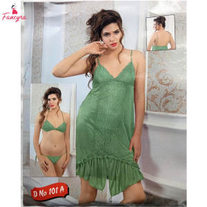 Fancyra Green Satin Two Piece Lingerie Set - Women Babydoll and Bikini Pair