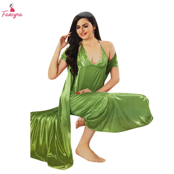 Fancyra Green Satin Women Nightwear Set - Inner Gown and Robe - Image 2