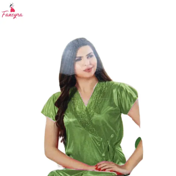 Fancyra Green Satin Women Nightwear Set - Inner Gown and Robe - Image 3