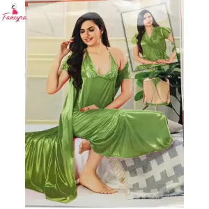 Fancyra Green Satin Women Nightwear Set - Inner Gown and Robe
