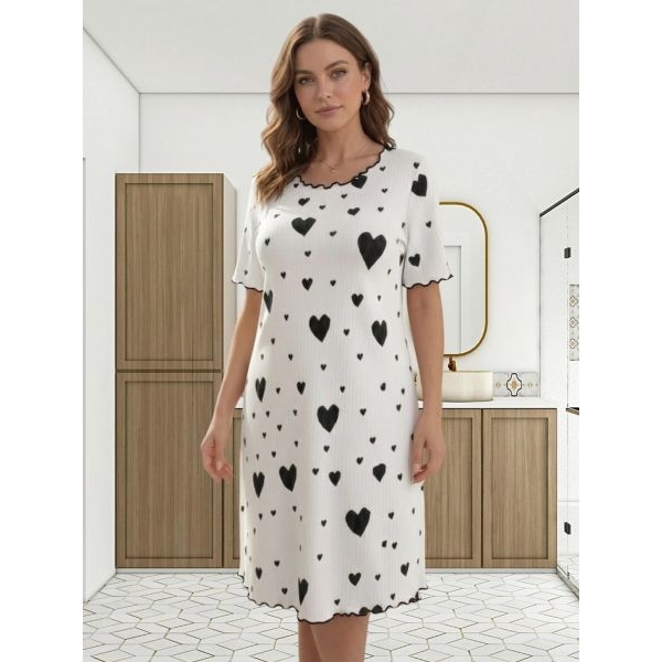 Fancyra Heart Printed Ribbed Knit Casual Nighty Top Mini Dress for Women - Image 3