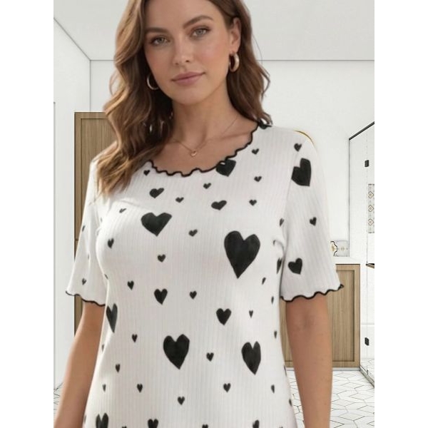 Fancyra Heart Printed Ribbed Knit Casual Nighty Top Mini Dress for Women - Image 5