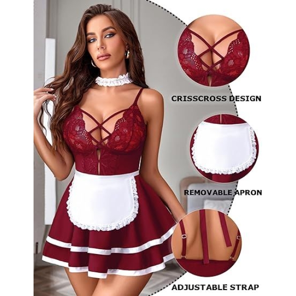 Fancyra Honeymoon Babydoll Maid Costume Lingerie Dress Free Size - Image 4