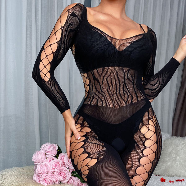 Fancyra Hot Black Mesh Long Sleeve Full Bodystocking Lingerie for Women - Image 3